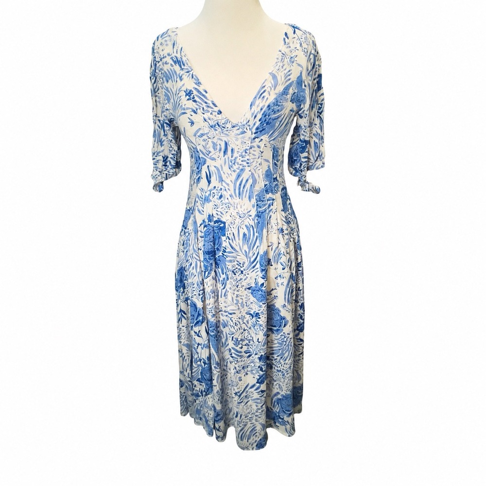 Free People Womens Midi Dress Blue Floral Toile Boho Romantic Summer 2
